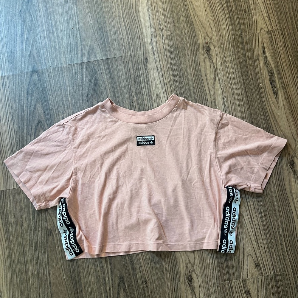 Adidas Pink Boxy Crop T-Shirt with Black Stripes